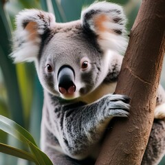 A portrait of a mother koala cradling her baby in a eucalyptus tree3