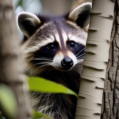 A portrait of a charming and curious raccoon peeking from a tree2