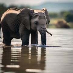 Obraz premium A portrait of a curious and playful baby elephant enjoying water1