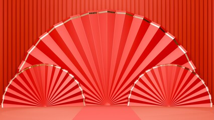 A Lunar New Year ad with a striking 16:9 horizontal set, designed for maximum impact, showcases a vivid red fan motif that radiates.