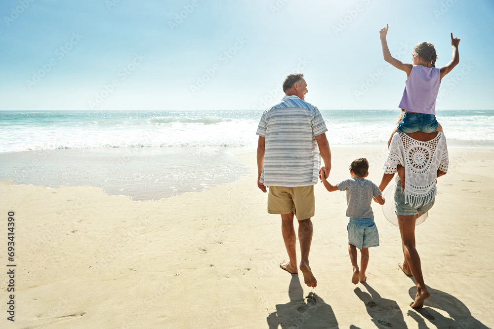 Poster Parents, children and beach or happy summer travel sea vacation, ocean sunshine or siblings.. Man, woman and kid piggy back or behind on sand for family holiday walk or outdoor, clean air or relax