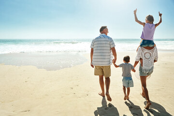 Parents, children and beach or happy summer travel sea vacation, ocean sunshine or siblings.. Man,...