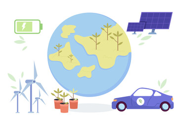 Green planet with solar panels, wind turbines, electric car, green energy battery. Vector illustration. Sustainable living, eco-friendly practices concept