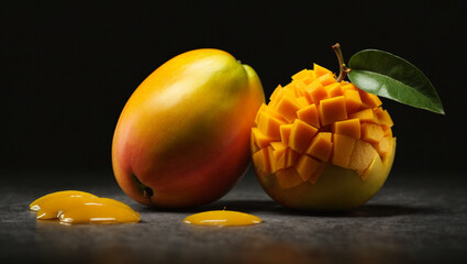 Mango, creative logo, no outline, vector, black background, 3D rendering, hyperrealistic. generative AI