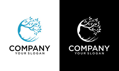 Creative green spring tree with female face and roots on white background, vector, Abstract Human tree logo