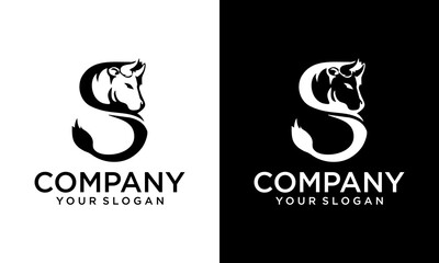 Premium Initial Letter S with bull/cow head logo design. Trendy awesome artistic black and white color. Bull S initial based Alphabet icon logo