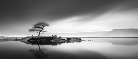 Black and White Minimalist Landscape Photography, Long Exposure Anamorphic Wallpaper Poster Banner Background Digital Art