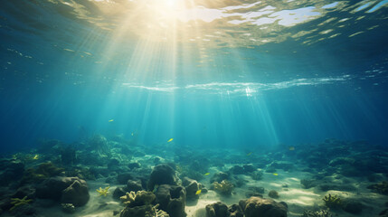 Underwater view with a sea surface seabed and sun