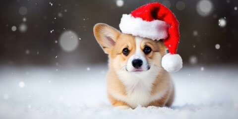 Fototapeta na wymiar Corgi puppy with santa claus hat isolated on snow background, little dog with red hat 