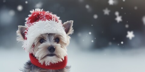 Adorable Dog Wearing a Santa Hat and Scarf , Christmas, bokeh, wide banner with copy space 