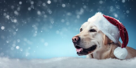 Cheerful dog in a christmas hat against a winter background with snowflakes and copy space high quality 