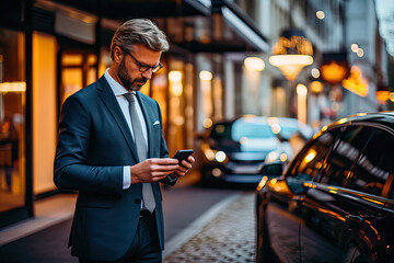 A businessman using his mobile phone ordering a rental car with driver - obrazy, fototapety, plakaty
