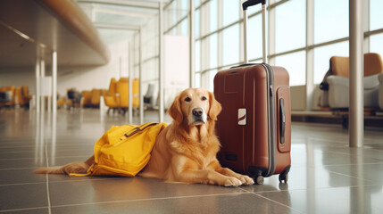 Concept of traveling with pets: a dog retriever sits at the airport or train bus station waiting for the plane next to the suitcases - obrazy, fototapety, plakaty