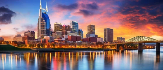 Washable wall murals United States nashville skyline illuminated at dusk with vibrant city lights and iconic landmarks in tennessee, usa