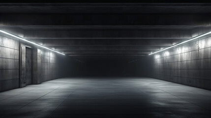 Obraz premium Dark Concrete Led White Lights Underground Tunnel