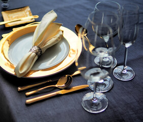 Gold set table, catering setup ,selective focus