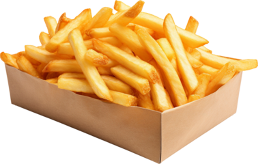 French fries in a paper box isolated on transparent background
