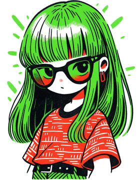 
Front View Of A Very Cute Long Hair Little Girl Wearing A Green Sunglasses, Happy, Doodle In The Style Of Keith Haring, Sharpie Illustrations, Hand Drawing With Markers.