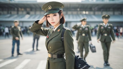 Cute Asian Girl In Military Suit Background