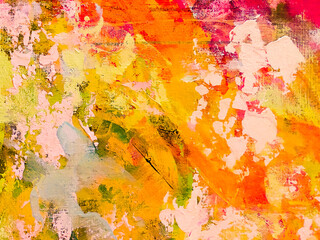 Hand drawn oil painting. Abstract art background. Oil painting on canvas. Color texture. Fragment of artwork. Spots of paint. Brushstrokes of paint. Modern art. Contemporary art. Colorful canvas.