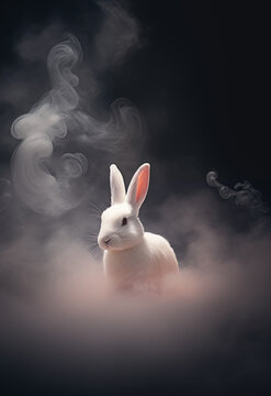 Fantasy fluffy white rabbit - rabbit deity - rabbit god - dark background - misty, foggy, smokey - Mysterious portrait of a rabbit - Cinematic movie poster style