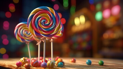 colorful lollipop on a wooden background. generative ai