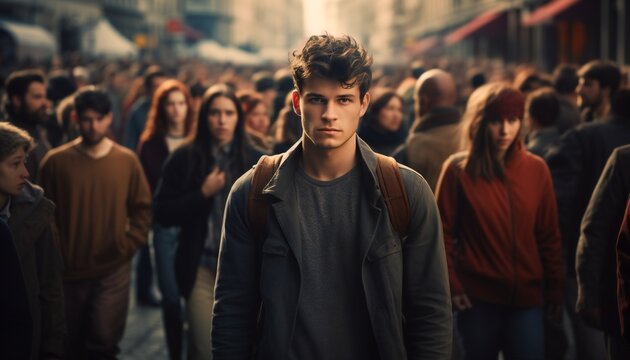 Man Walking Down The Street With People. Young Adults Walking Confidently In The City.