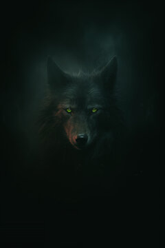 Green eyed Fantasy wolf - wolf deity - wolf god - dark background - misty, foggy, smokey - Mysterious portrait of a wolf - Cinematic movie poster style