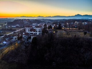 Cassacco Castle. Friuli hills at sunset.