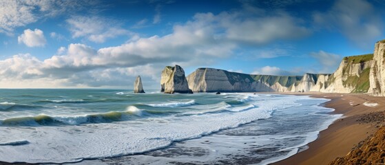 scenic panorama of etretat's alabaster coast in normandy, france - serene sea, coastal landscape, and beach view - obrazy, fototapety, plakaty