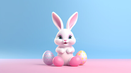Fototapeta premium Adorable 3D Easter bunny icon with pastel eggs on gentle backdrops, perfect for holiday gifting and decor