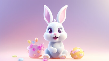 Obraz premium Adorable 3D Easter bunny icon with pastel eggs on gentle backdrops, perfect for holiday gifting and decor