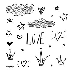 Hand drawn doodle vector collection with hearts, crowns and stars.
