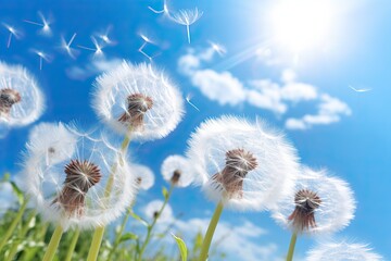 Fototapeta premium Dandelion Seeds Scattering. Blue Sky Background