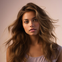 Naklejka premium Photo of a woman with long brown well-groomed hair on a light monochrome beige-pink background