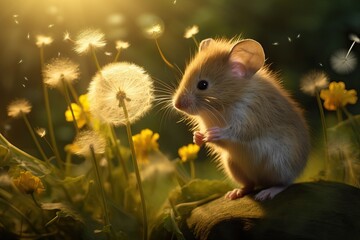 Adorable Mouse and White Dandelion. Heartwarming Children's Illustration