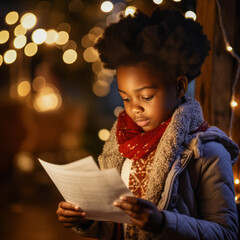 A black immigrant girl from Latin America reads a letter written to Santa Claus, Papa Noel on a...