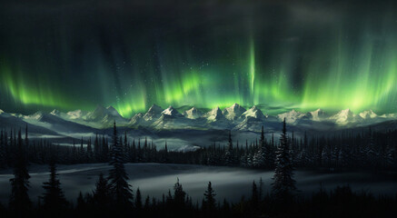 Aurora Borealis Over Snowy Mountains. Northern Lights dancing in the sky above a snowy mountainous landscape.