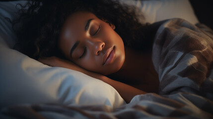 Beautiful African woman peacefully sleeping on a bed. Restful sleep, asleep. Generative AI.