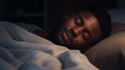Handsome African man peacefully sleeping on a bed. Restful sleep, asleep. Generative AI. - Powered by Adobe