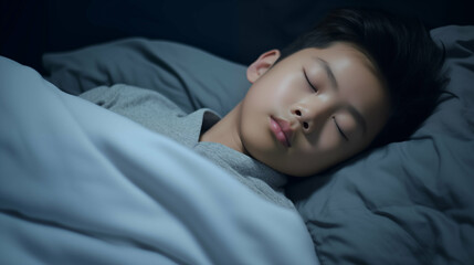 Cute Asian little boy peacefully sleeping on a bed. Restful sleep, asleep. Generative AI.