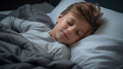 Cute Caucasian little boy peacefully sleeping on a bed. Restful sleep, asleep. Generative AI.