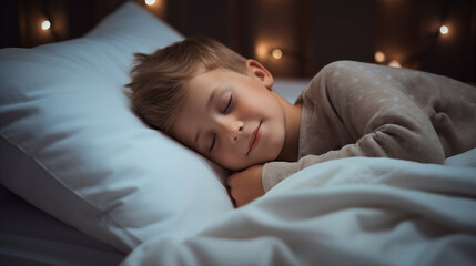Cute Caucasian little boy peacefully sleeping on a bed. Restful sleep, asleep. Generative AI.