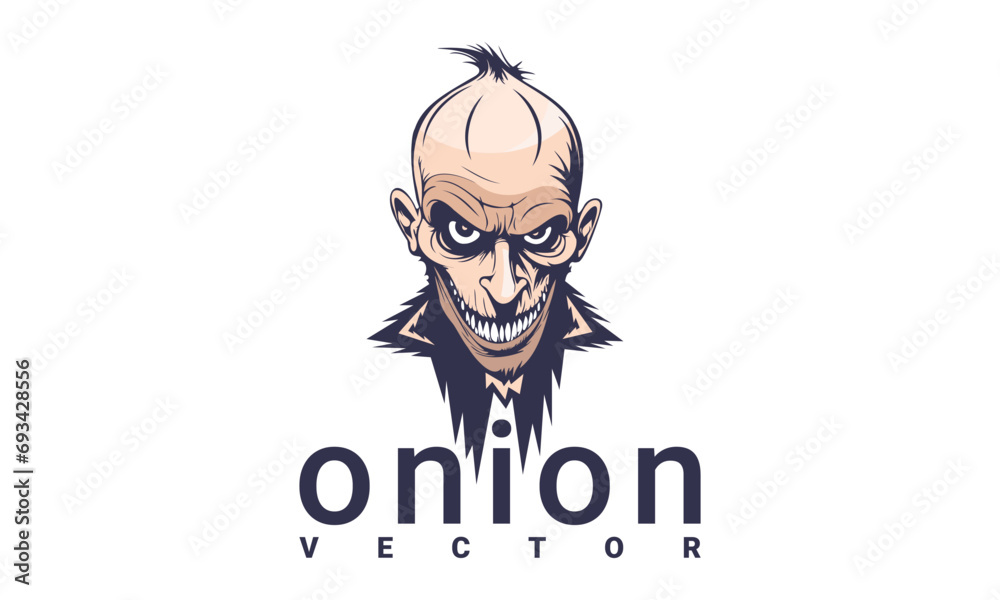 Wall mural Vector graphic scary unusual logo. Portrait of a terrible smiling toothy freak. Inscription, onion. A look from under your brows. White isolated background. - Wall murals