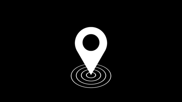 GPS location pointer animated with radio wave, location map pointer with pin icon and location animation on black background.