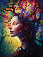 A tree with a beautiful womans face on it, whimisical, colorful, bright lighting