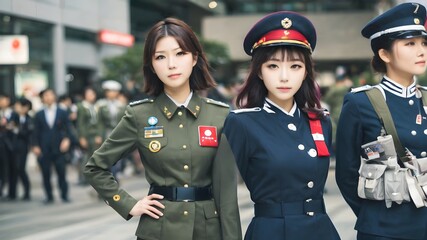 Cute Asian Girl In Military Suit Background