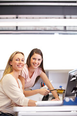 Professional women, computer and teamwork portrait in office for human resources management, planning or schedule. Business people or manager in workspace on desktop for feedback, helping or advice