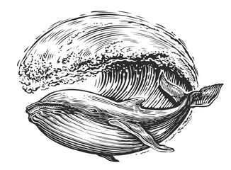 Waves and whale, sea fish sketch. Marine style, hand drawn illustration for poster, tattoo, t-shirt and card design