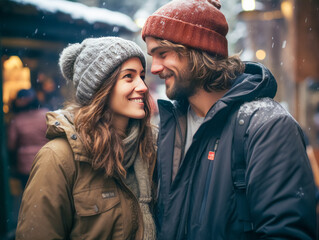 Loving couple in a street, in winter - 693430523